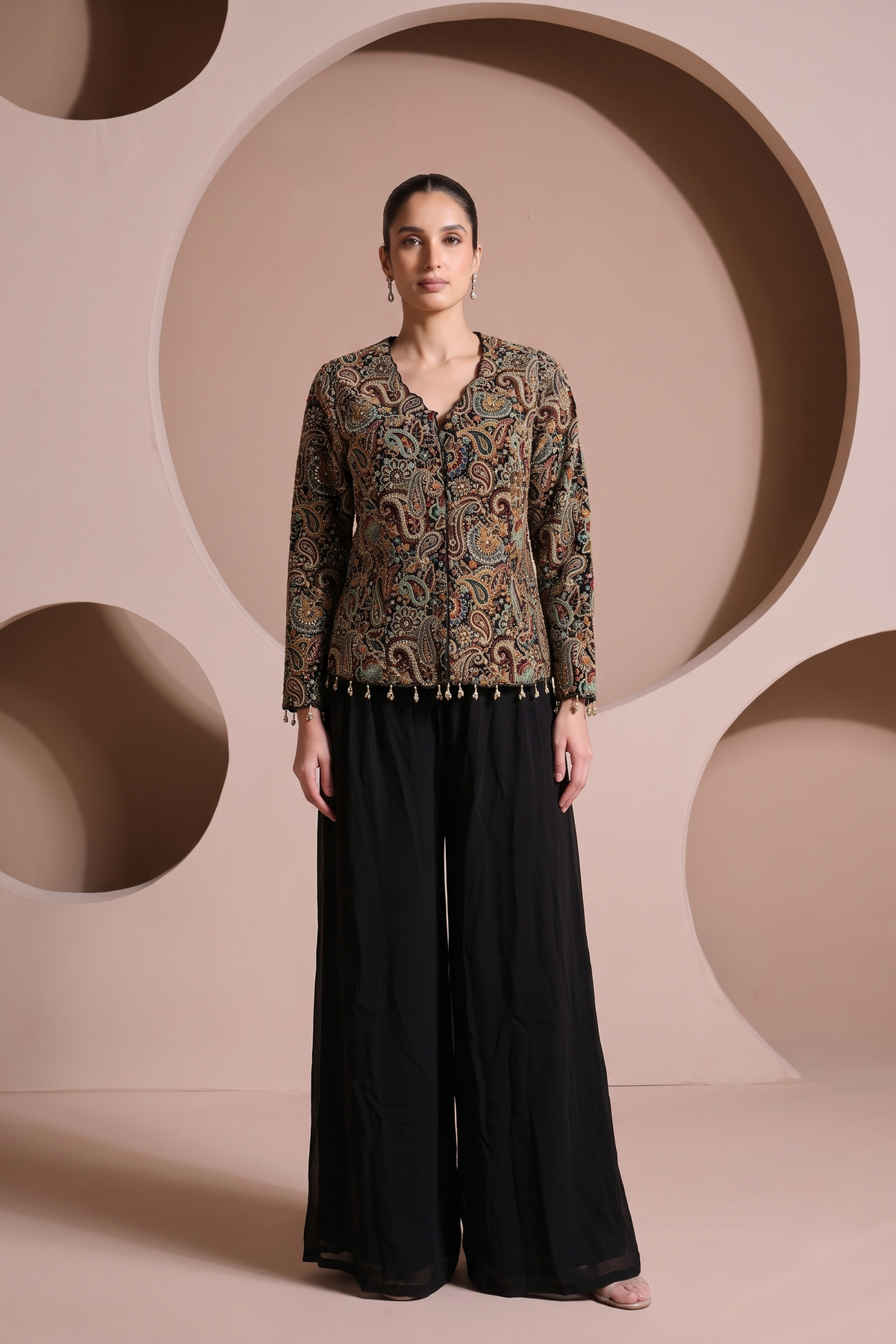 Ebony Black Embellished Georgette Silk Palazzo Set