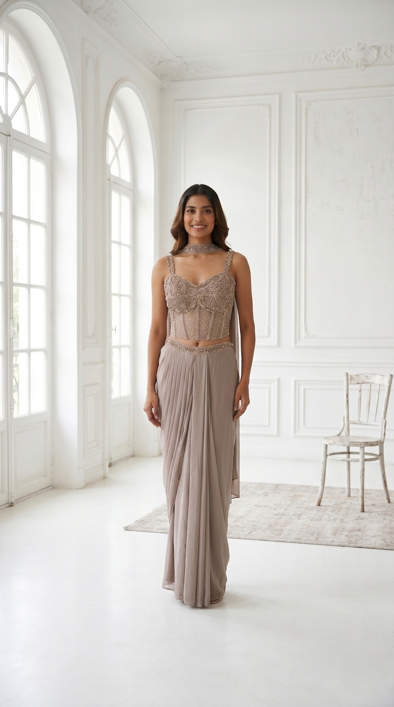 Muted Taupe Embellished Crepe Silk Skirt Set