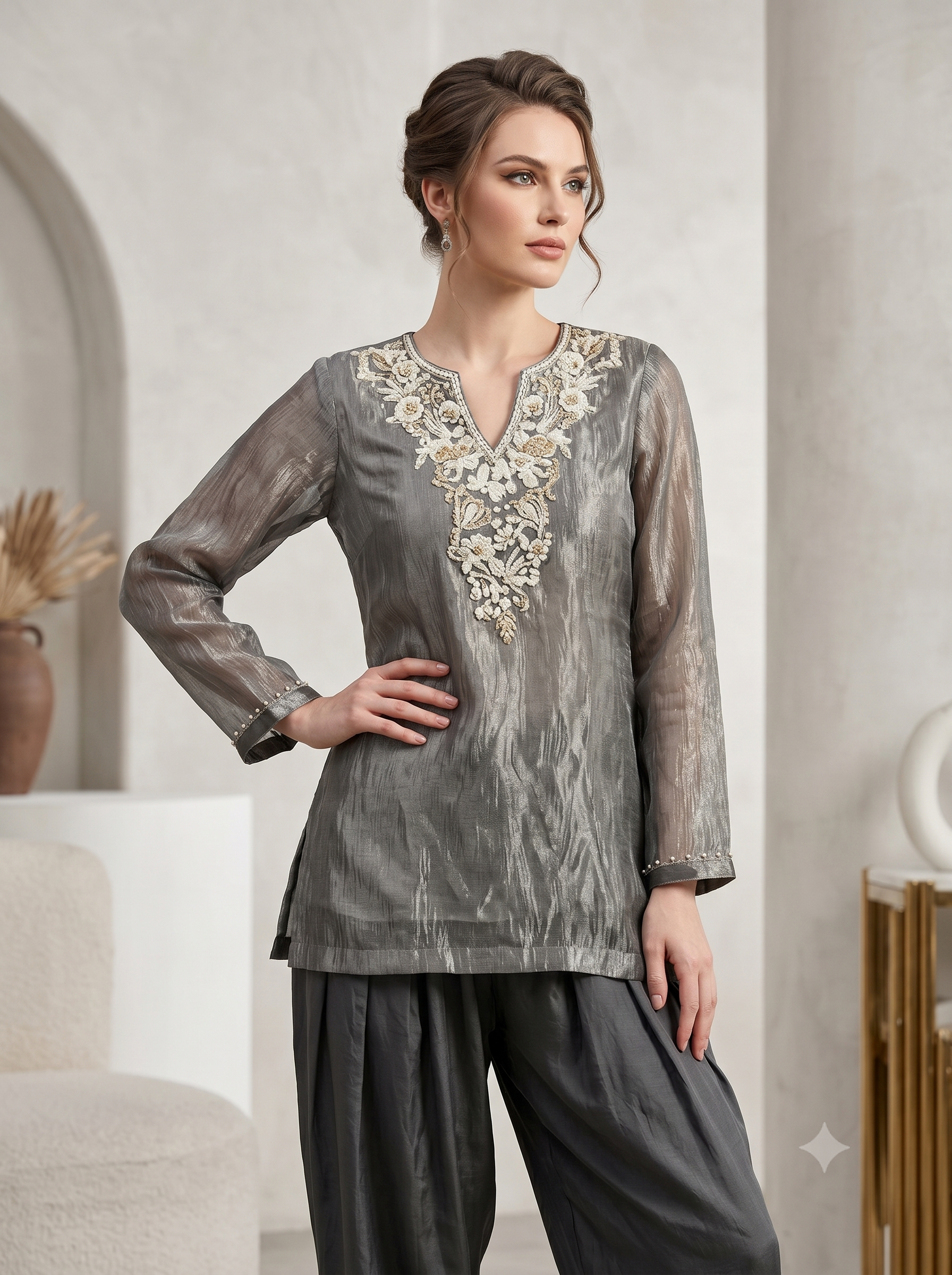 Metallic Silver Grey Shimmer Tissue Silk Co-Ord Set