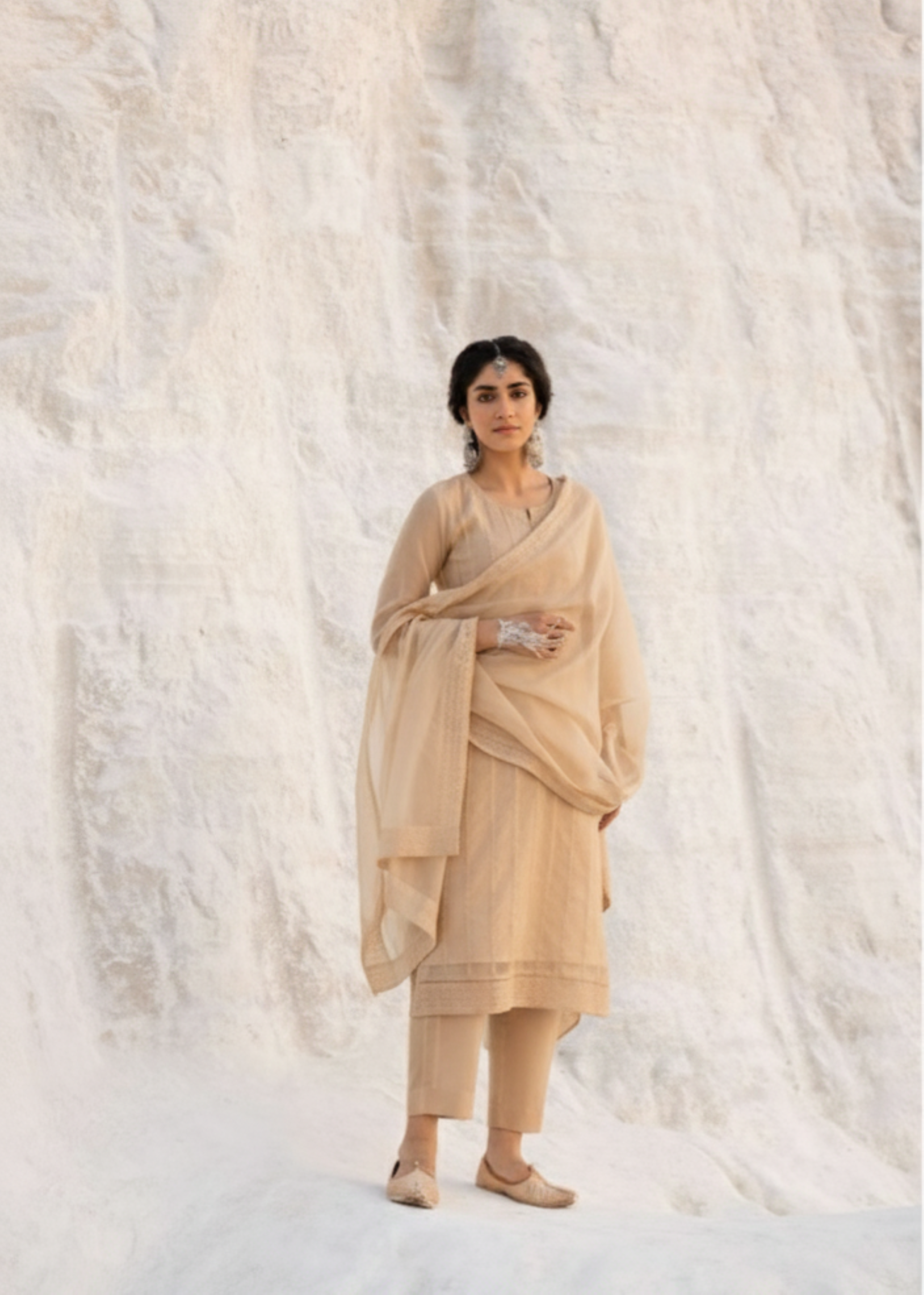 Bright Beige Chikankari Mul-Chanderi Silk Pant Set