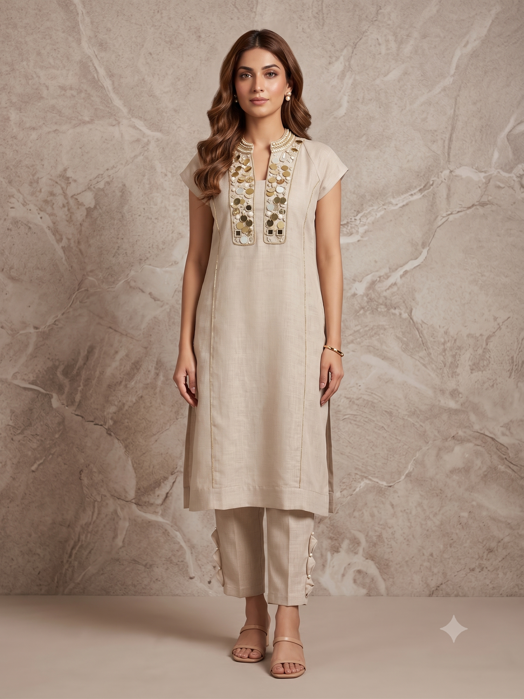 Desert Pearl Embellished Cotton Linen Pant Set