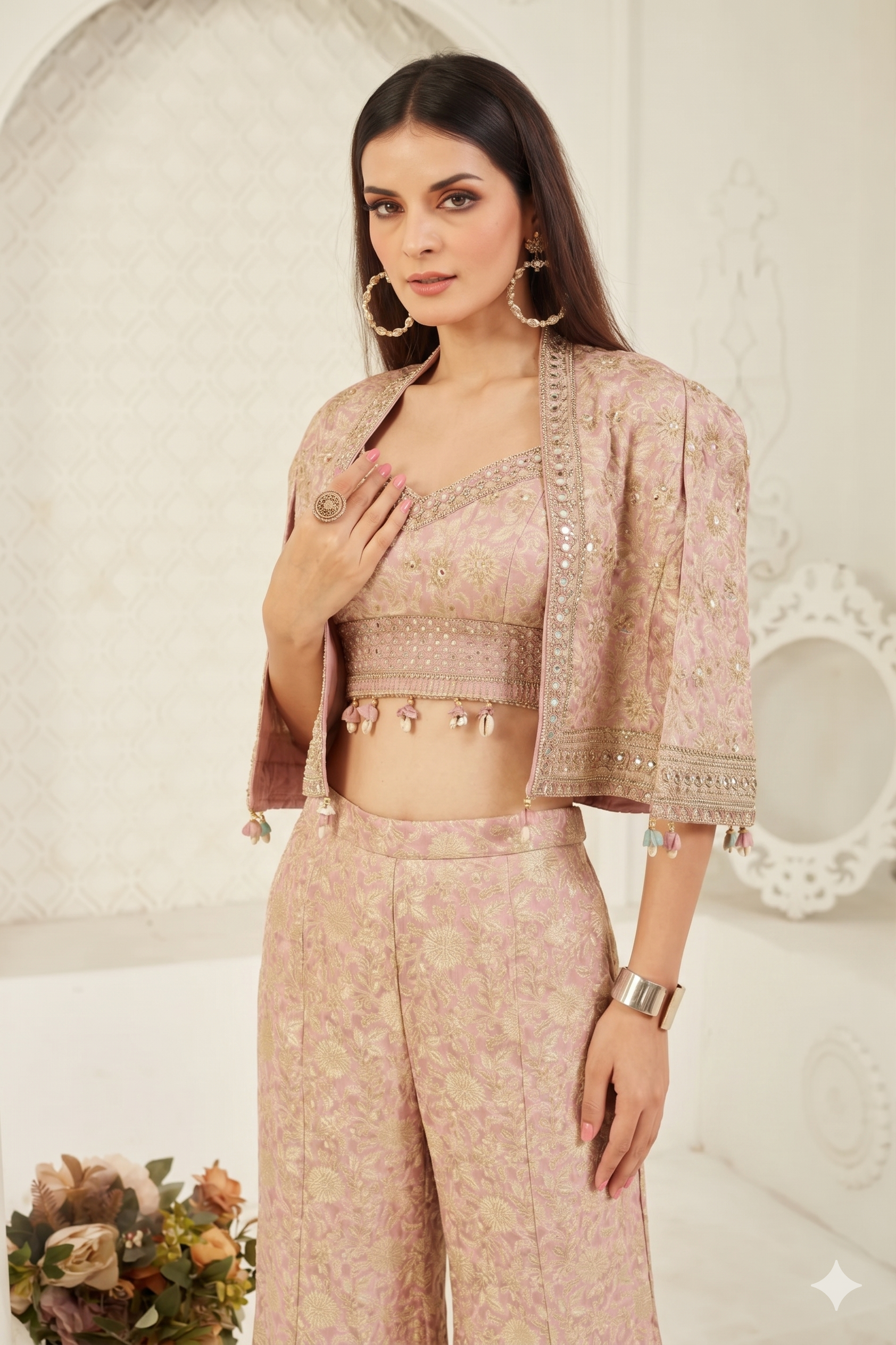 Pastel Pink Embellished Crepe Silk Cape Set