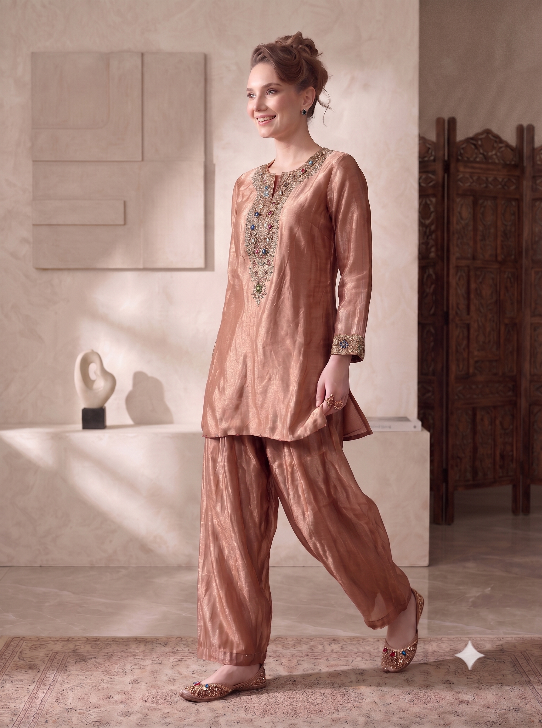 Rose Gold Embellished Shimmer Tissue Kurta Set