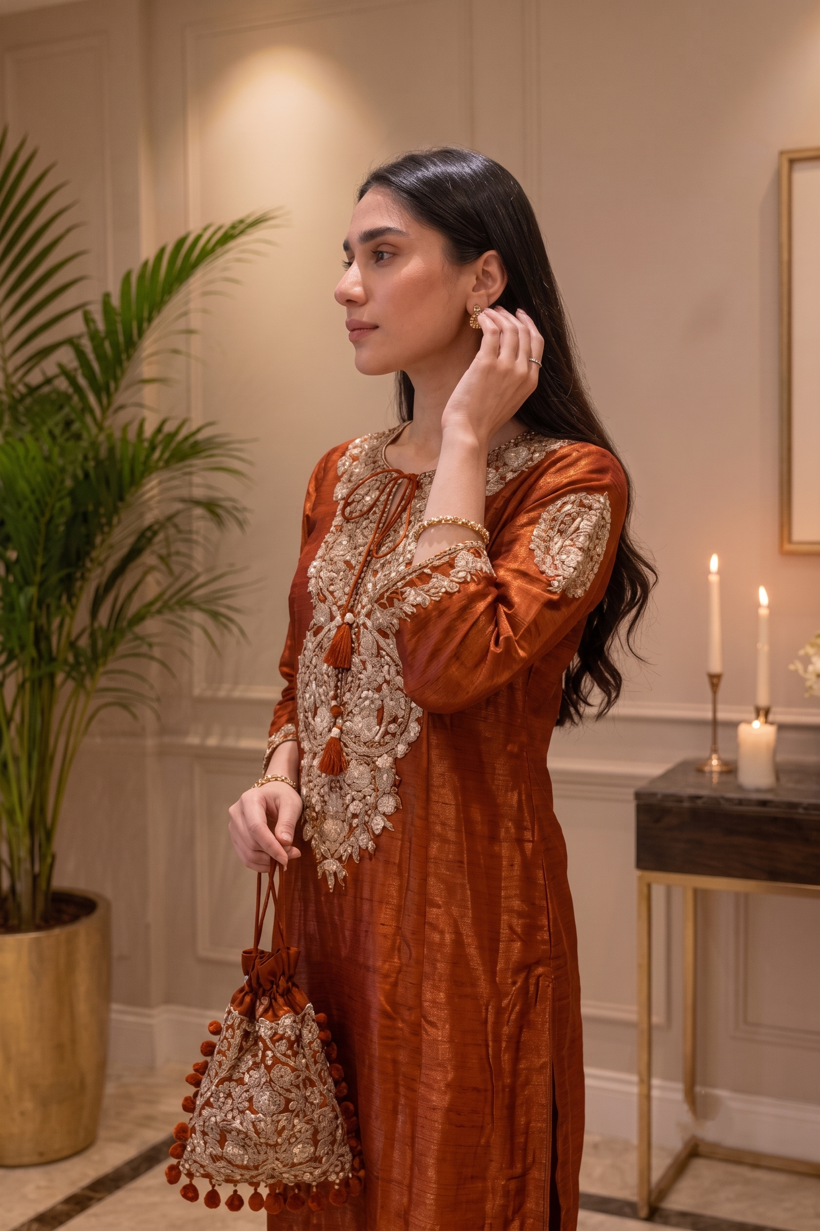Rich Burnt Orange Embellished Shimmer Tissue Silk Pant Set
