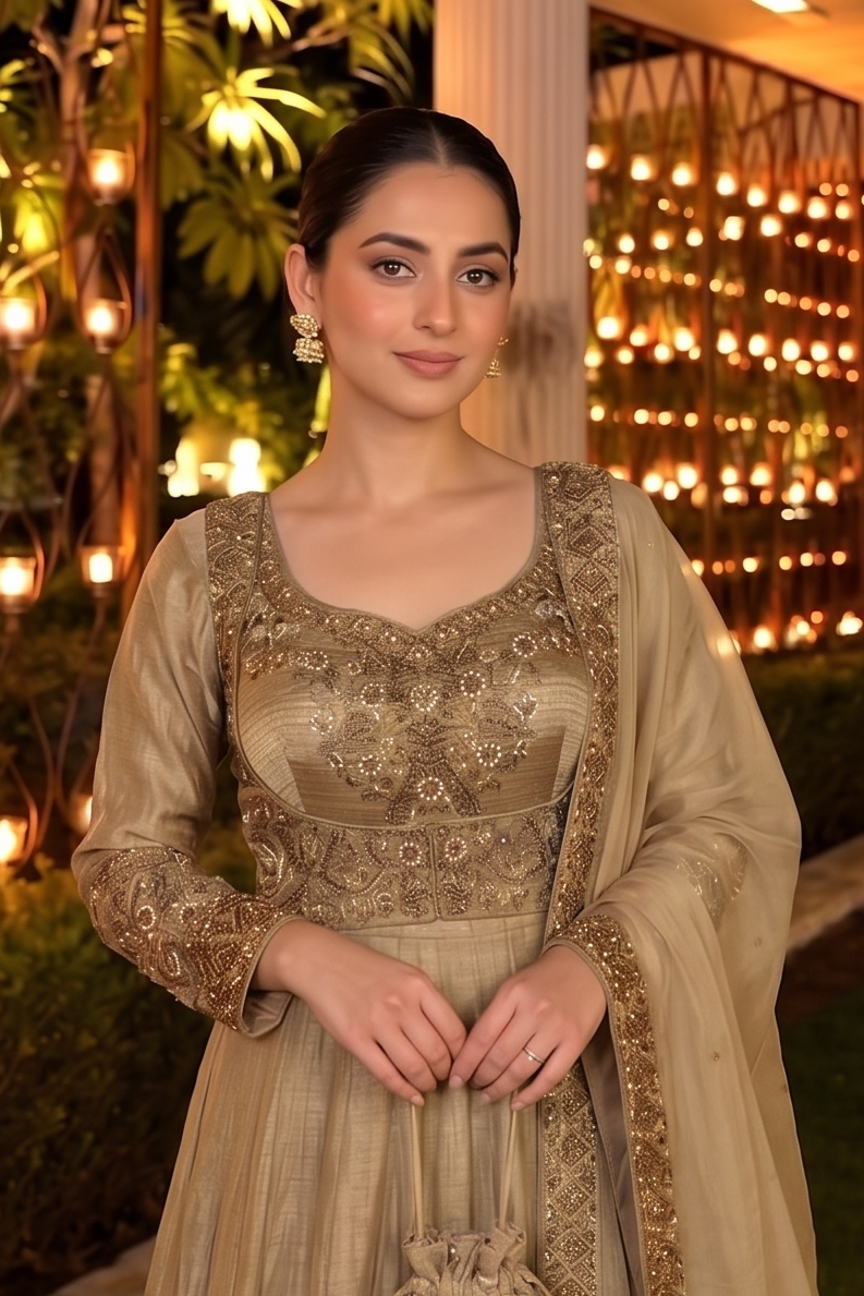 Champagne Gold Embellished Tissue Silk Anarkali Set