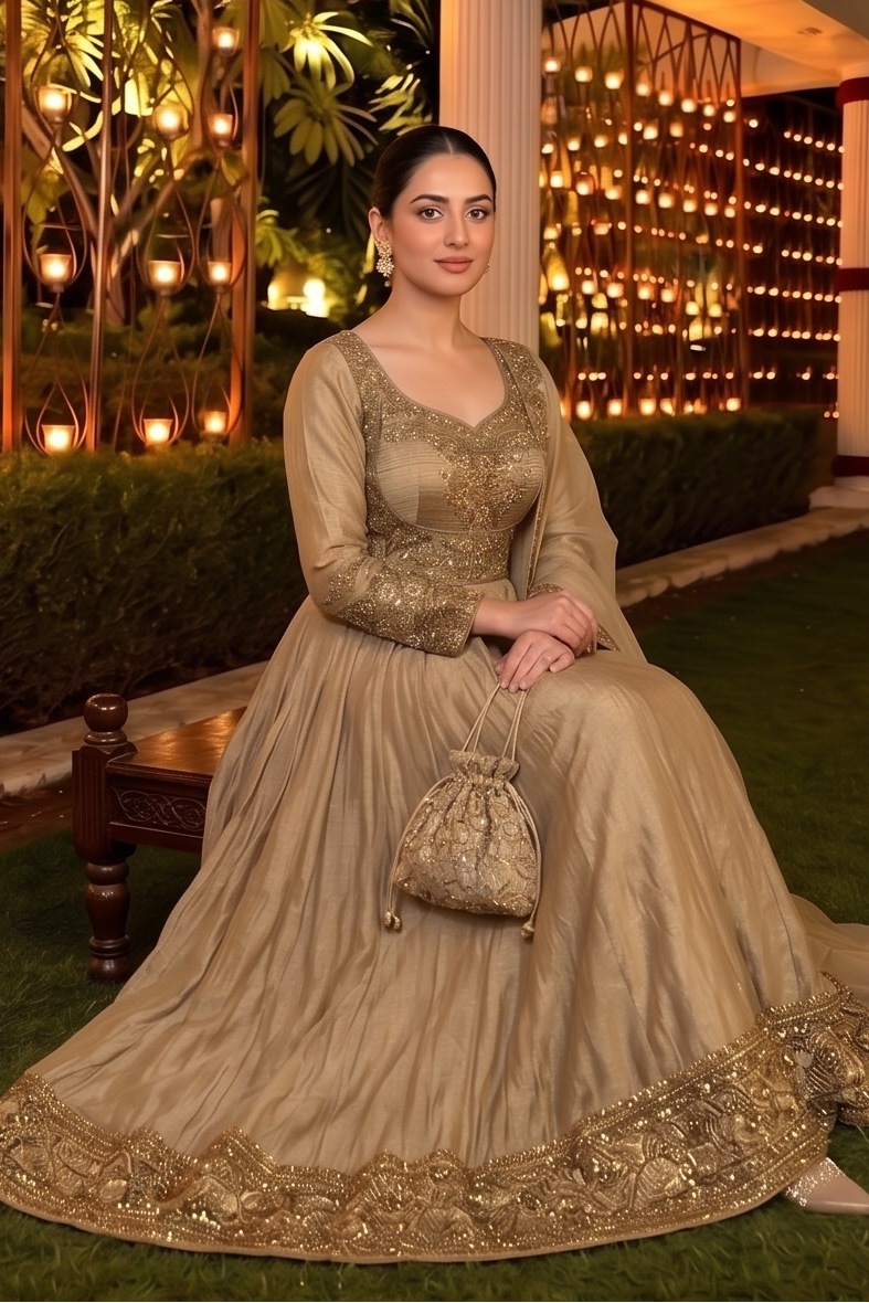 Champagne Gold Embellished Tissue Silk Anarkali Set