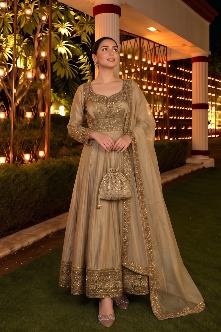 Champagne Gold Embellished Tissue Silk Anarkali Set