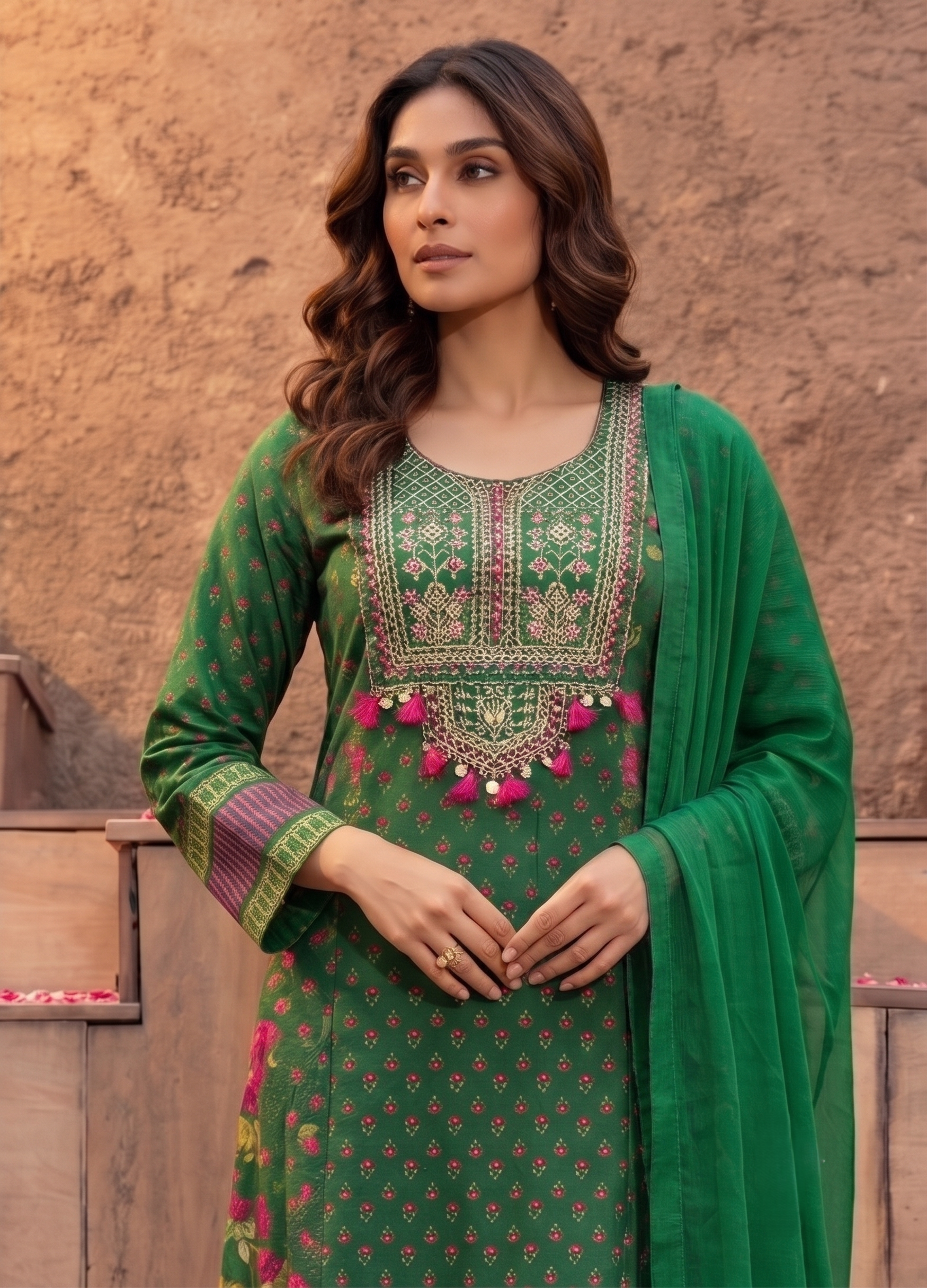 Emerald Green Embellished Crepe Silk Anarkali Set