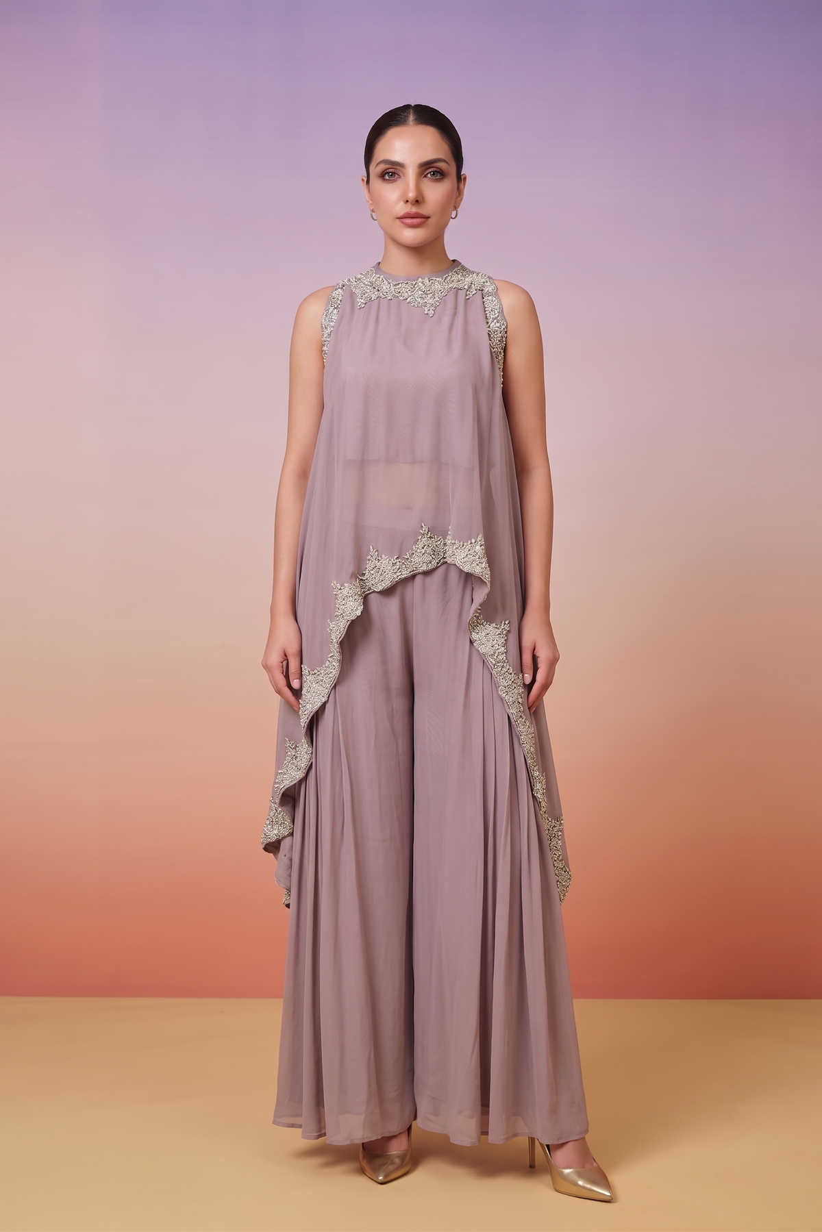 Lilac Mauve Embellished Chinon Silk Palazzo Set