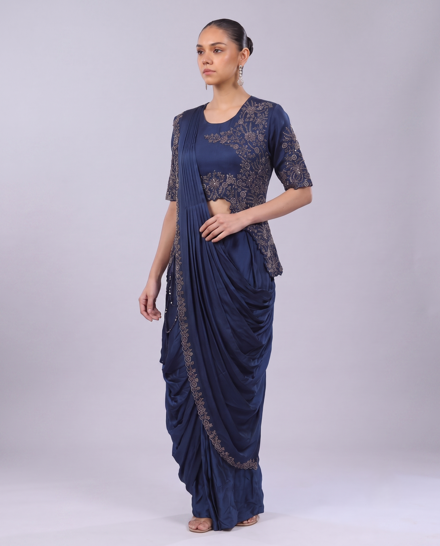 Navy Blue Embellished Satin Silk Draped Saree