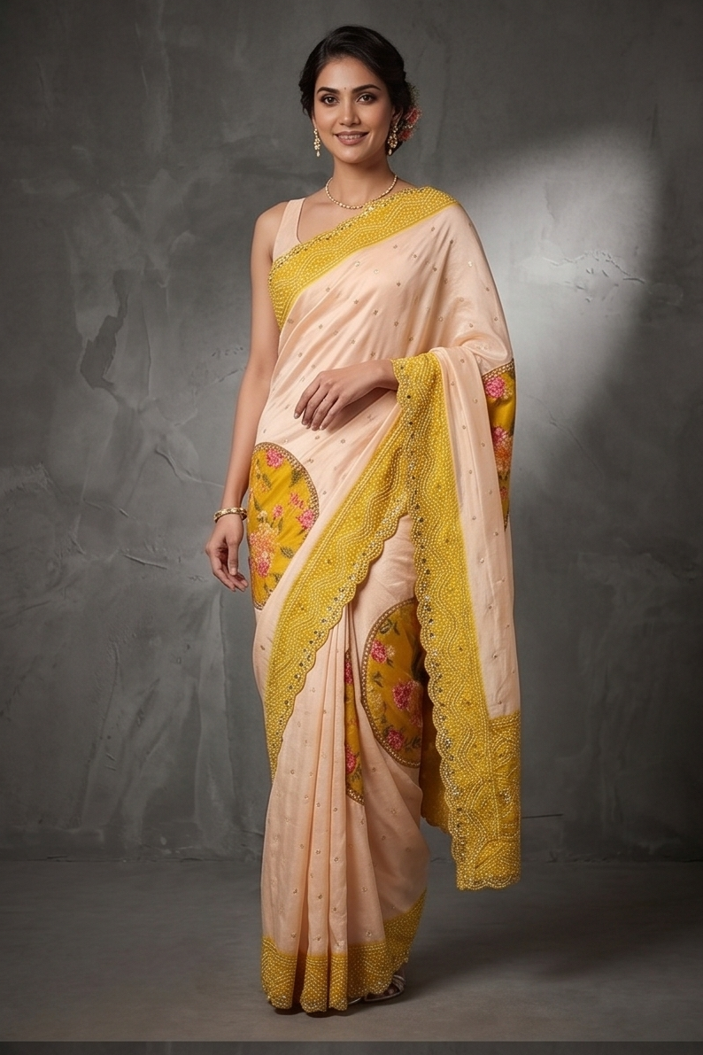 Peach Yellow Bandhni Printed Crepe Silk Saree