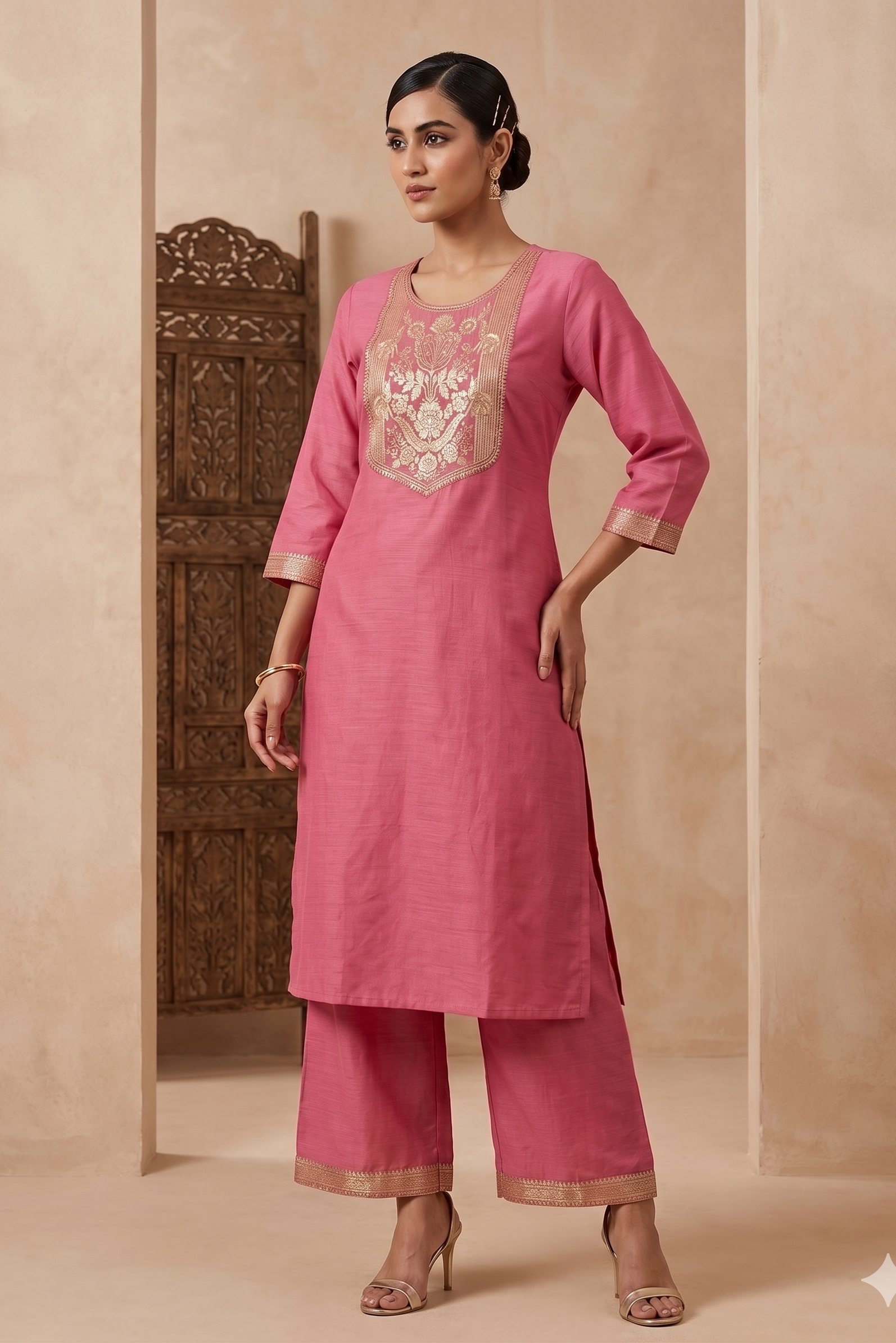 Rose Pink Brocade Kurta Set