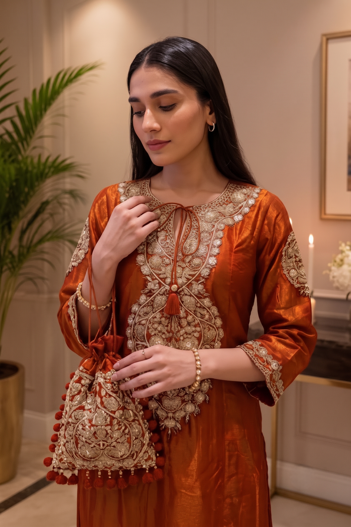 Rich Burnt Orange Embellished Shimmer Tissue Silk Pant Set