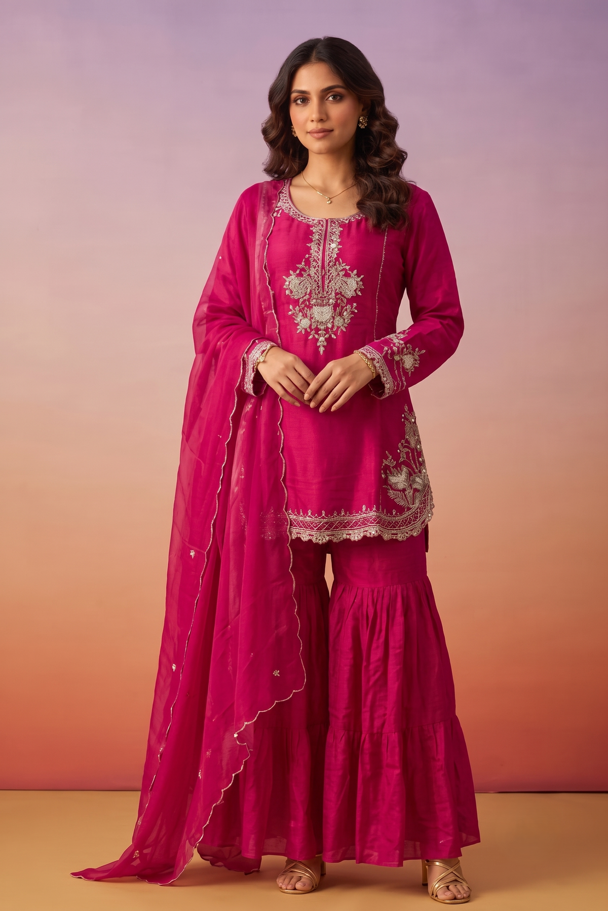 Hot Pink Embellished Chinon Silk Sharara Set