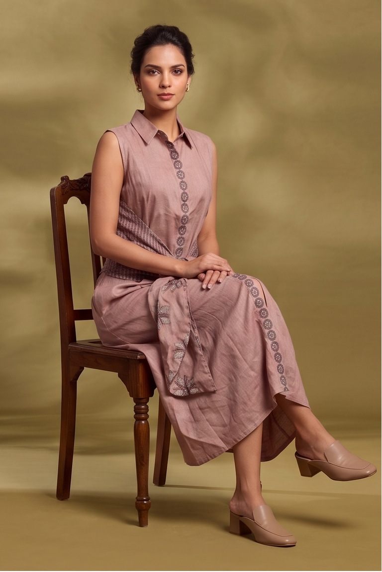 Dusty Pink Printed Bamboo Linen Dress