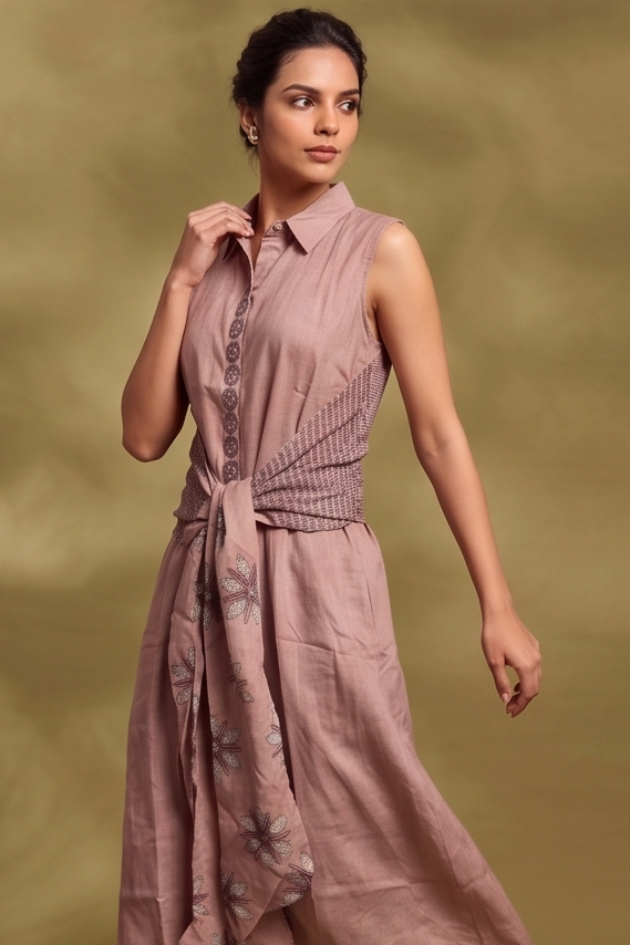 Dusty Pink Printed Bamboo Linen Dress