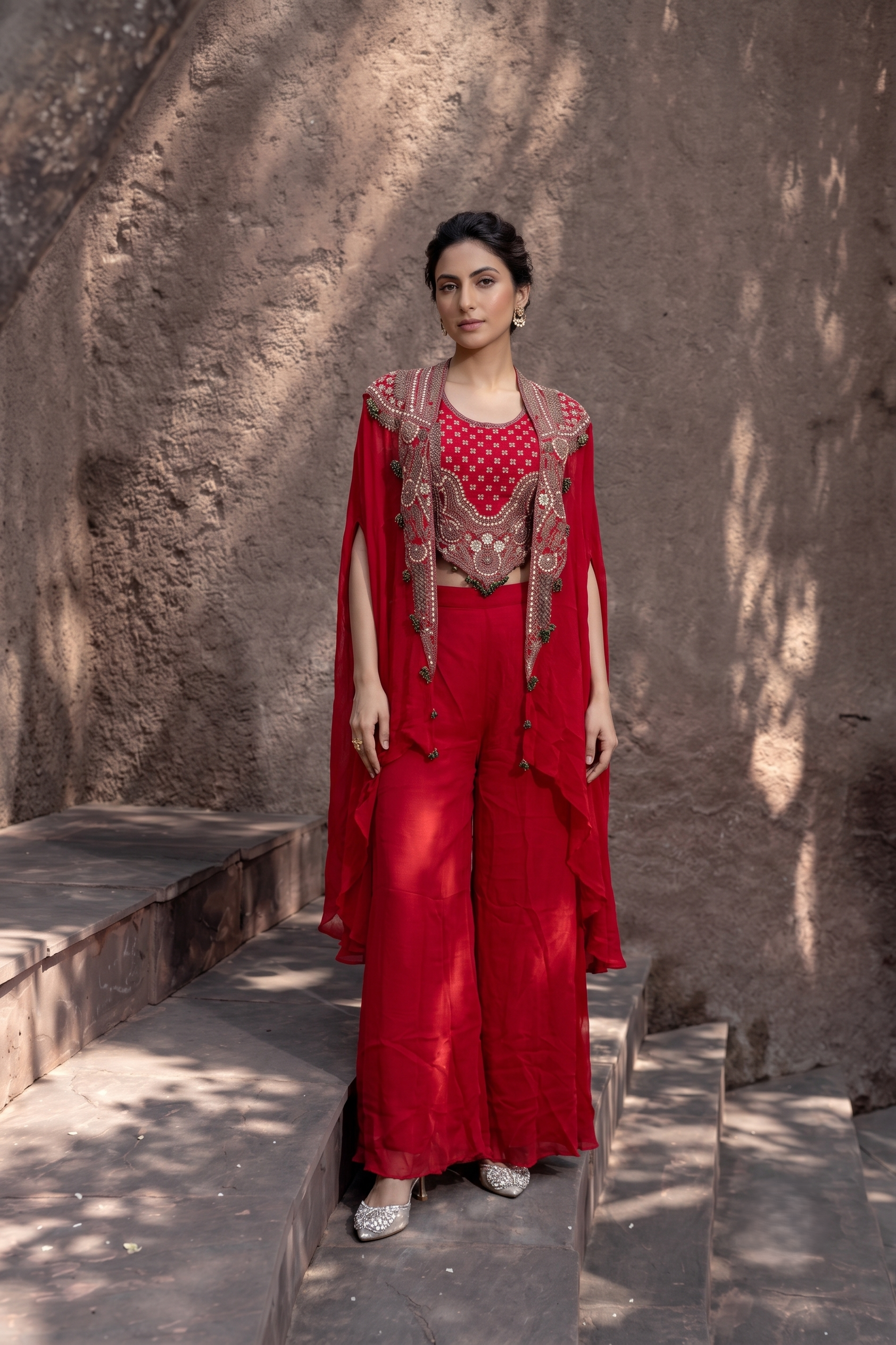 Crimson Red Embellished Chinon Silk Cape Set
