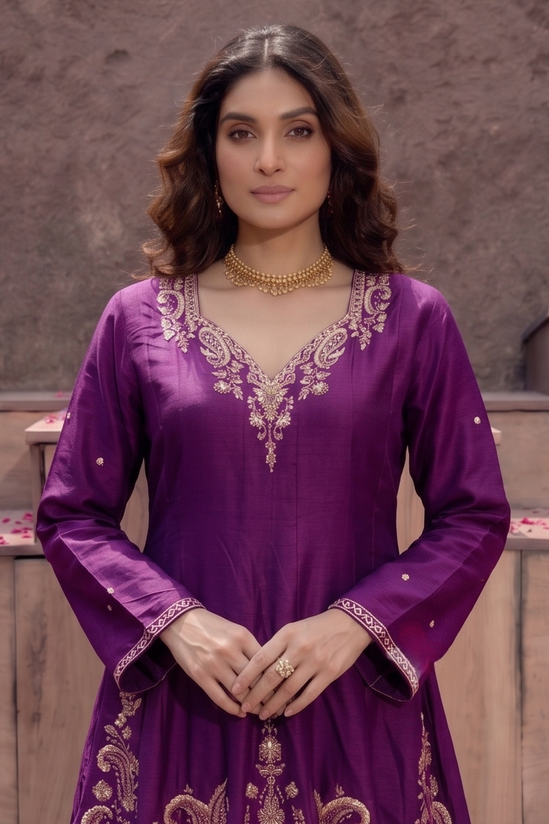 Wine Purple Embellished Crepe Silk Palazzo Set
