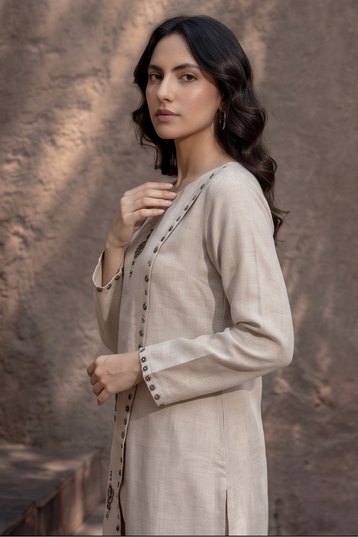 Light Beige Embellished Linen Co-Ord Set