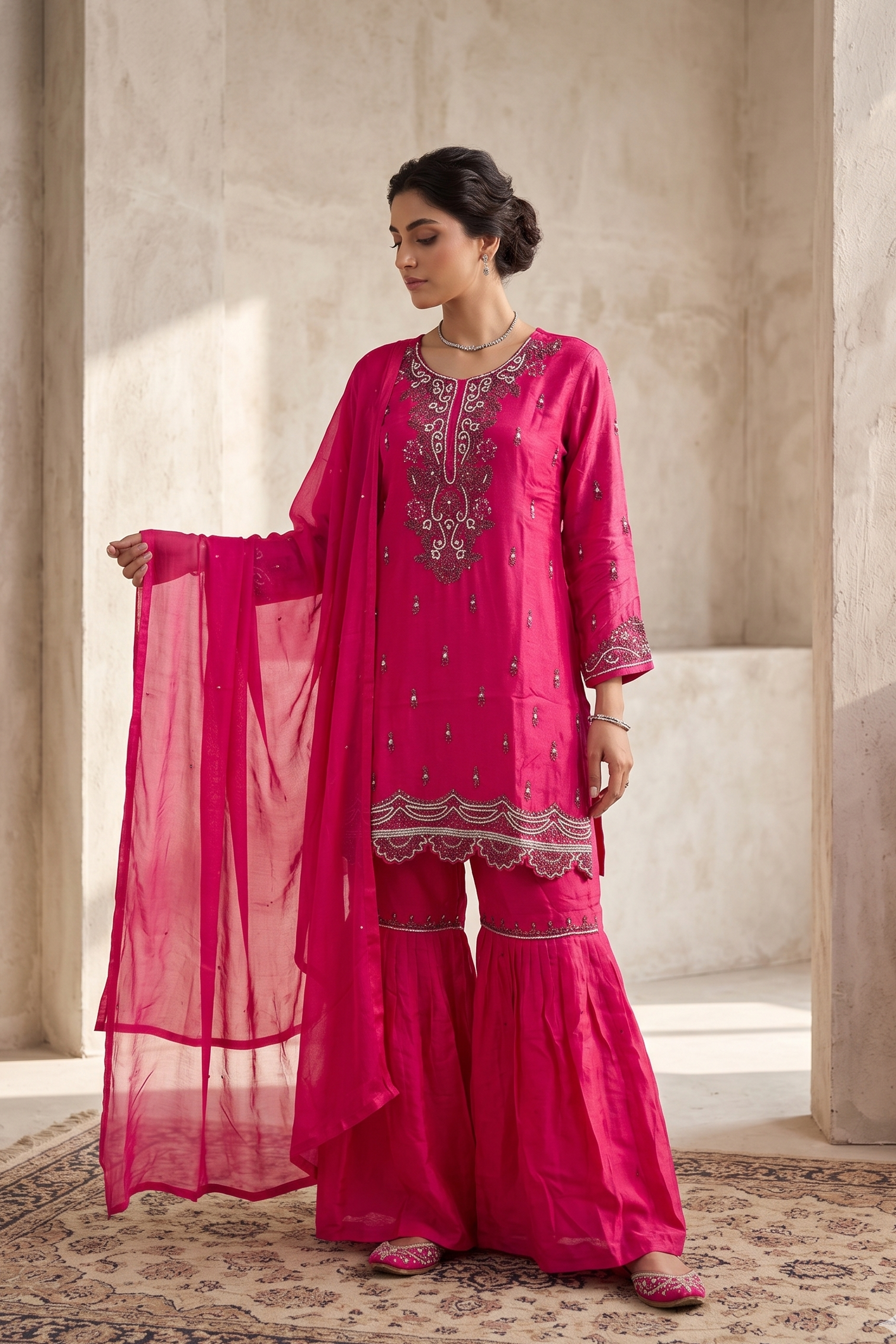Fuchsia Pink Embellished Georgette Silk Sharara Set