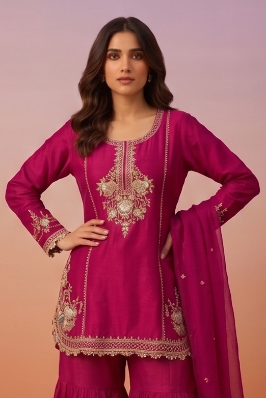 Hot Pink Embellished Chinon Silk Sharara Set