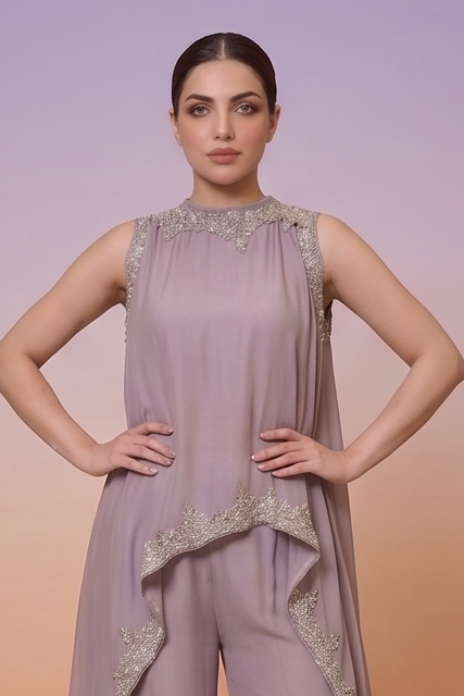 Lilac Mauve Embellished Chinon Silk Palazzo Set