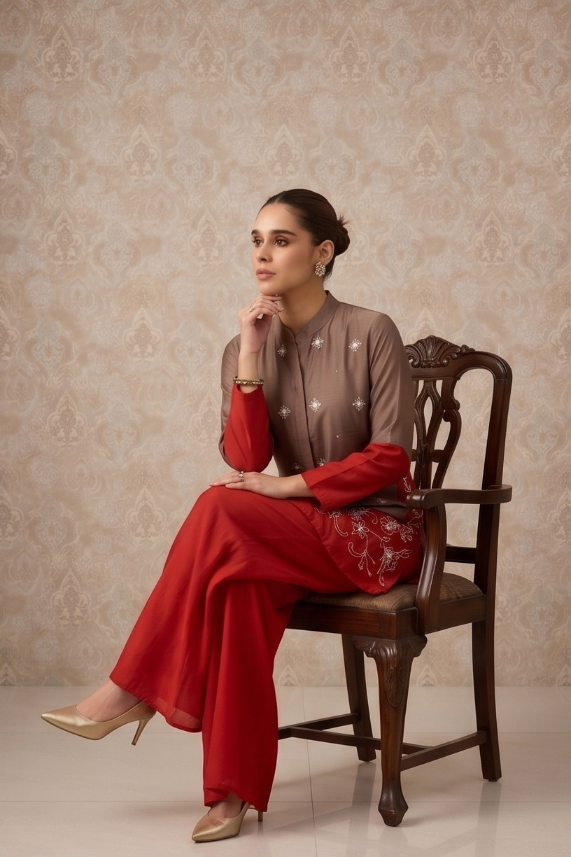 Taupe Brown Embellished Crepe Silk Co-ord Set