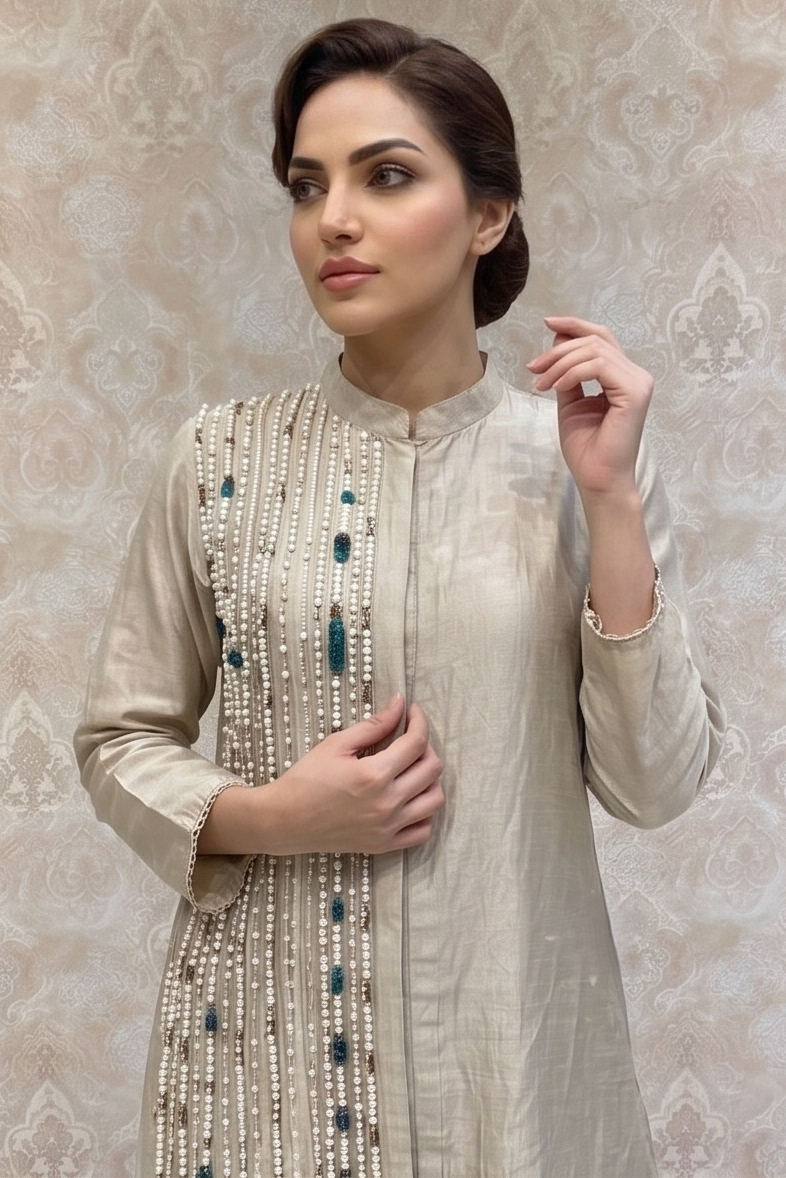 Silver Beige Embellished Shimmer Tissue Silk Co-ord Set