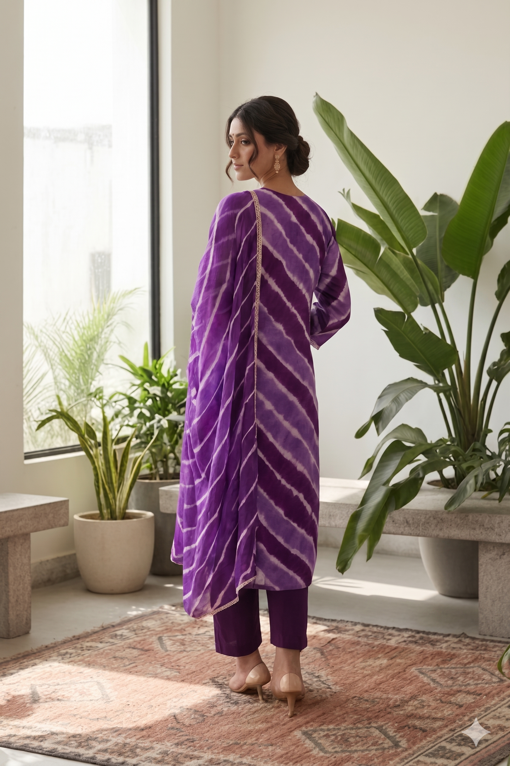 Purple Leheriya Embroidered Suit Set