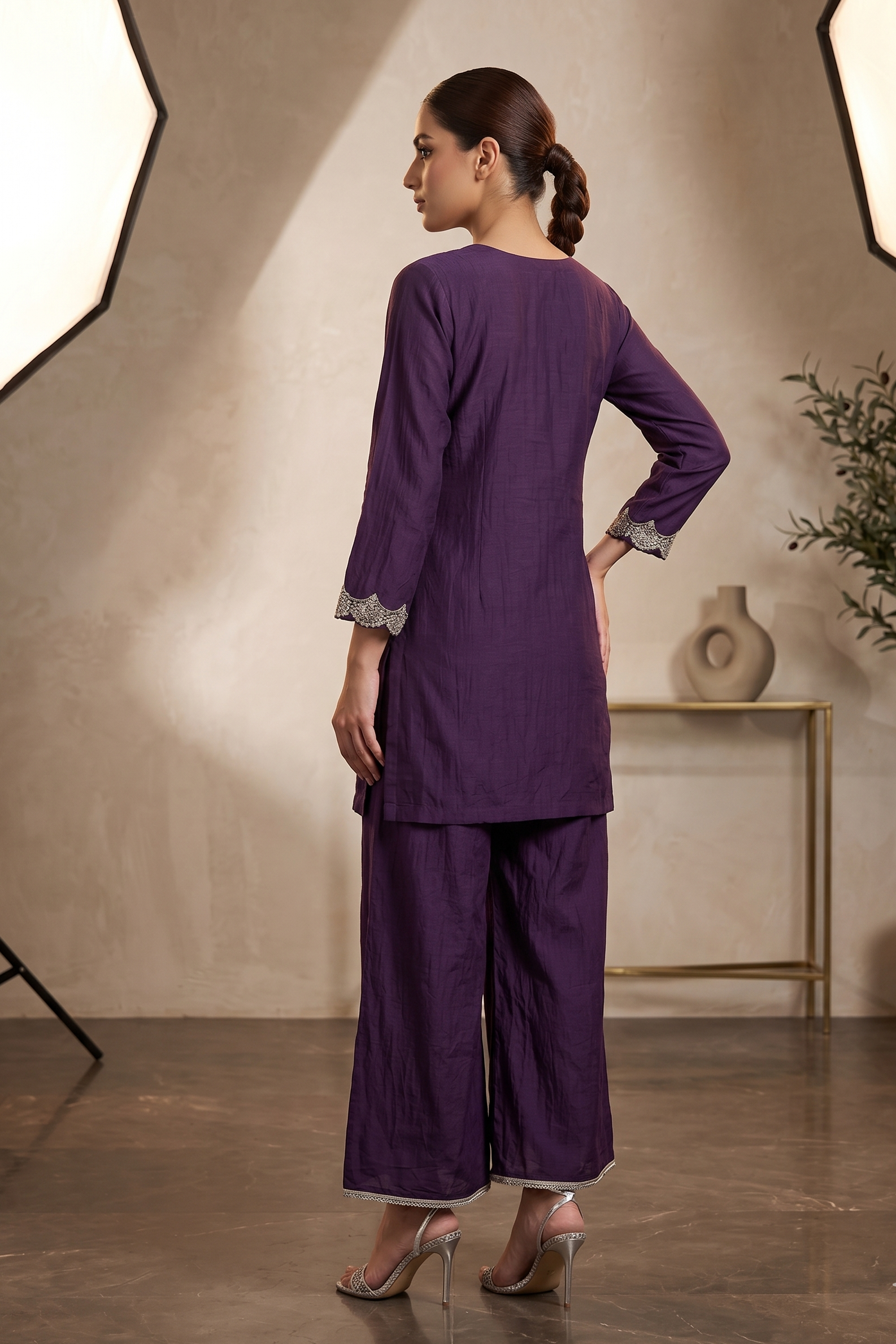 Deep Purple Embellished Raw Silk Palazzo Set