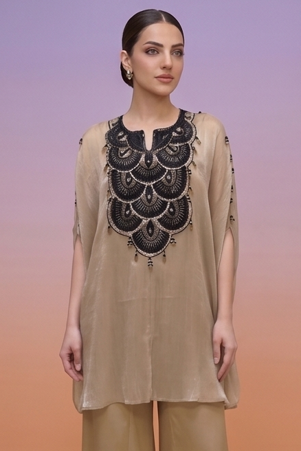 Metallic Beige Embellished Tissue Silk Palazzo Set