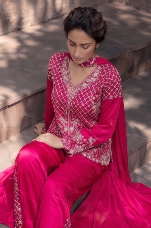 Rani Pink Embellished Crepe Silk Palazzo Set