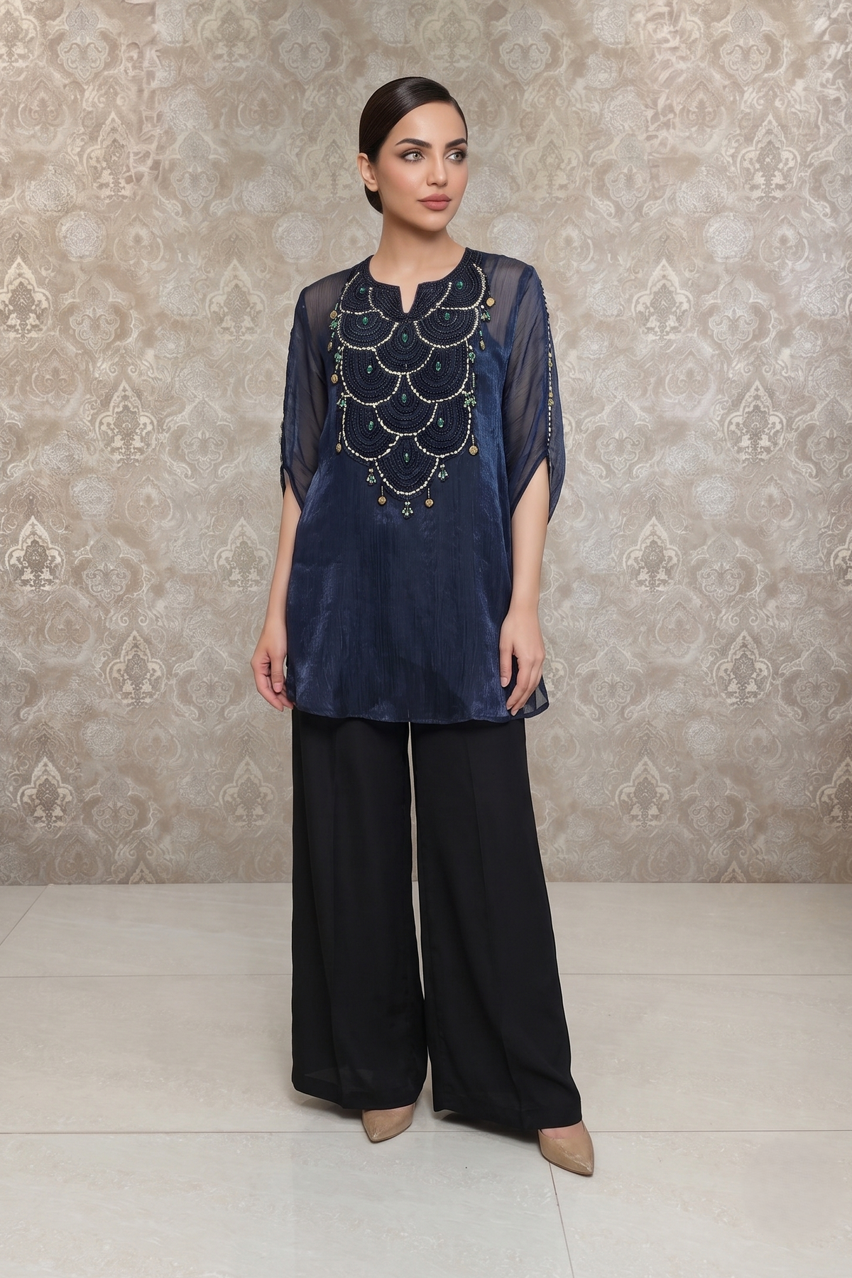 Midnight Blue Embellished Tissue Silk Palazzo Set