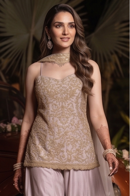 Lavender Mist Embellished Crushed Silk Palazzo Set