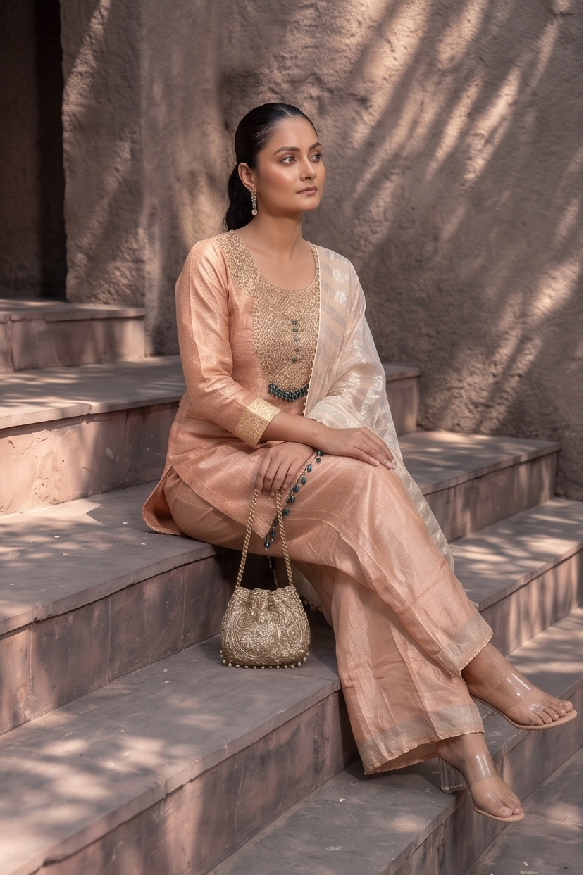 Soft Peach Embellished Brocade Silk Palazzo Set
