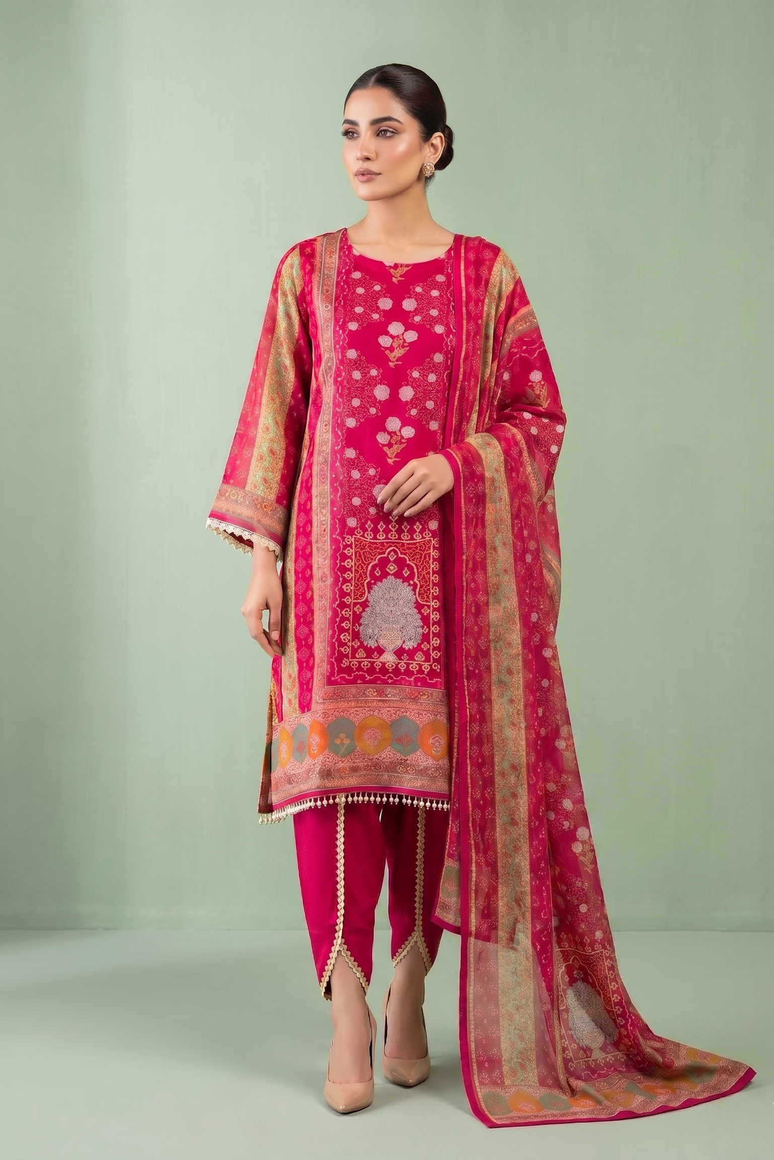 Gilded Crimson Printed Organza Silk Pant Set
