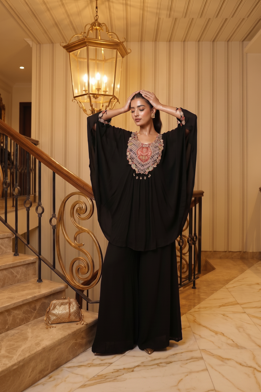 Black Boho Embellished Georgette Kaftan Set
