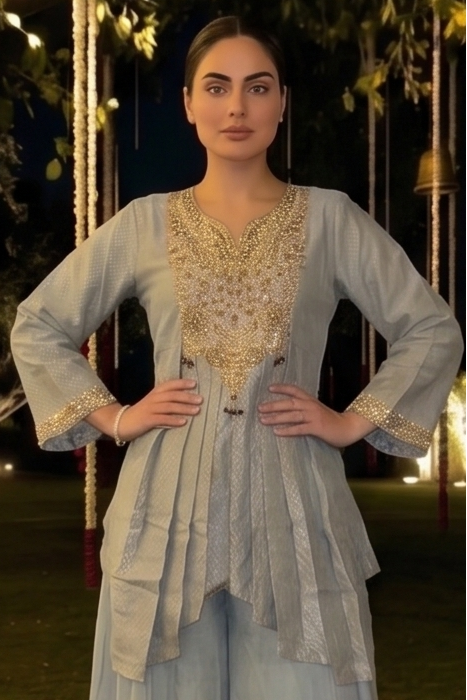 Baby Blue Embellished Brocade Silk Palazzo Set