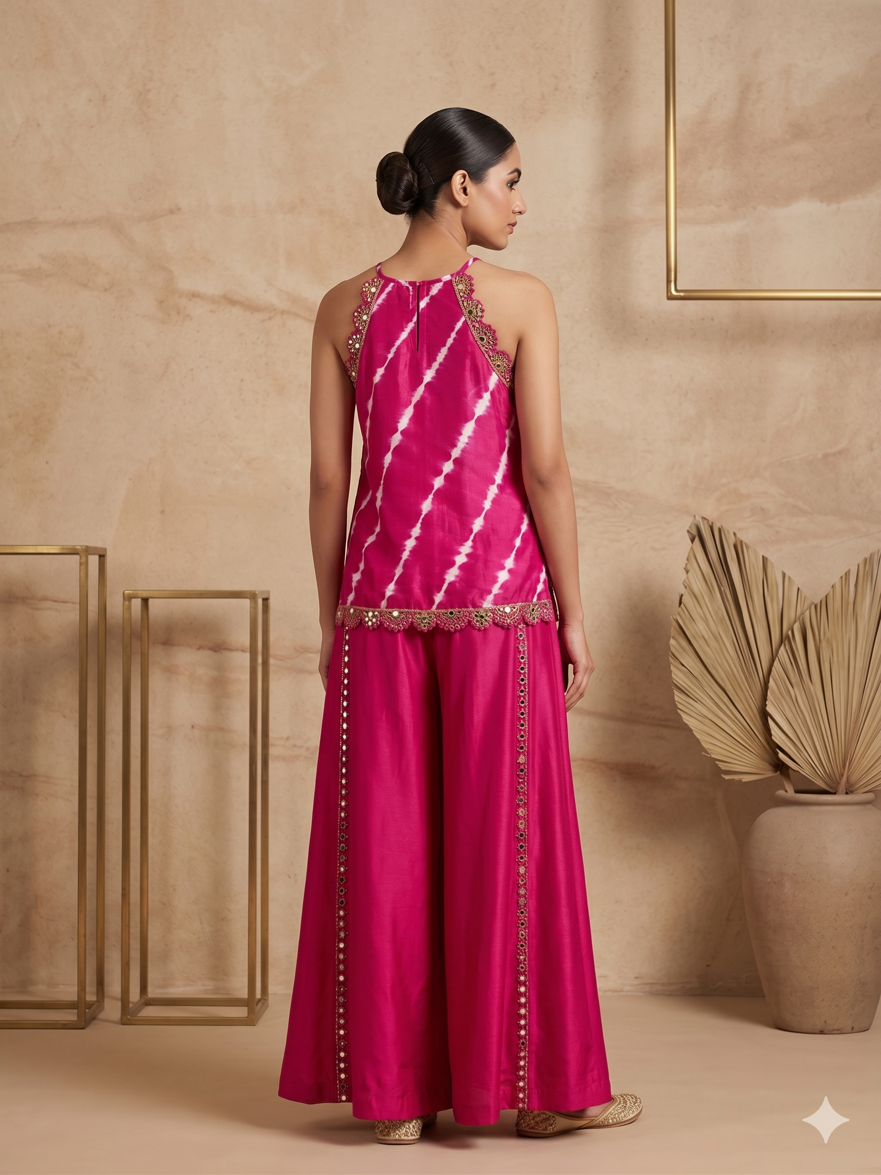 Fuchsia Mandala Embellished Satin Silk Palazzo Set