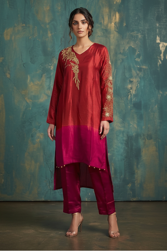 Vibrant Red & Pink Ombre Premium Silk Kurta Set