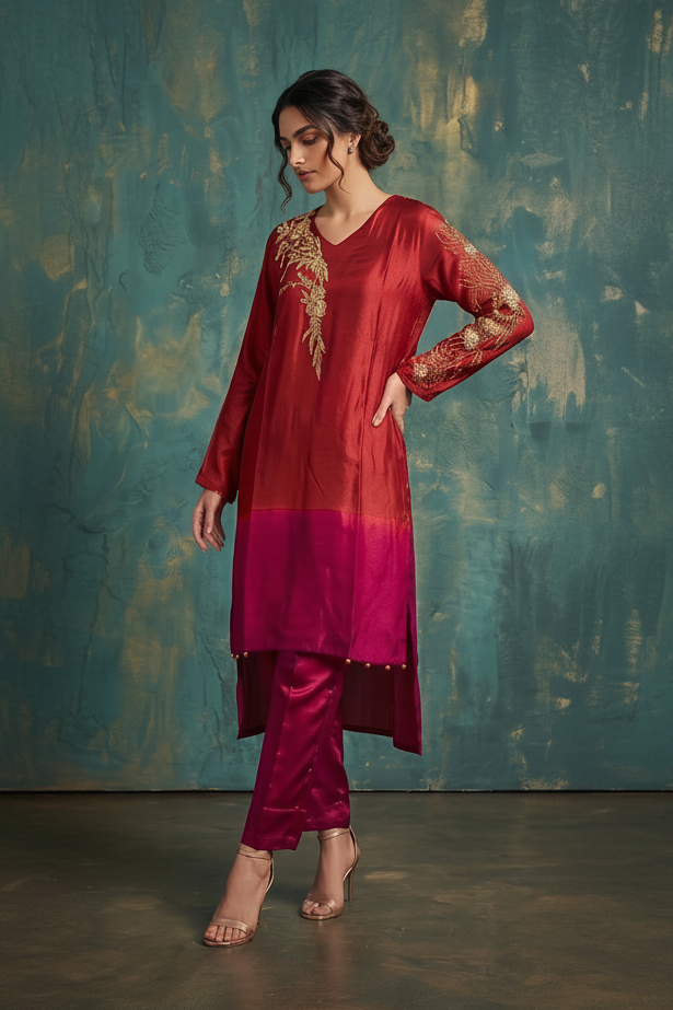 Vibrant Red & Pink Ombre Premium Silk Kurta Set