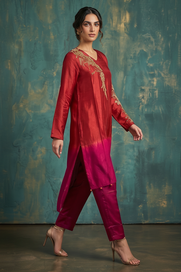 Vibrant Red & Pink Ombre Premium Silk Kurta Set