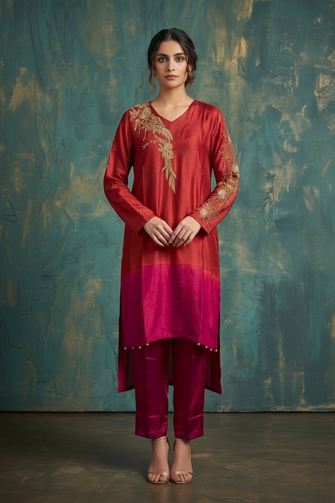 Vibrant Red & Pink Ombre Premium Silk Kurta Set