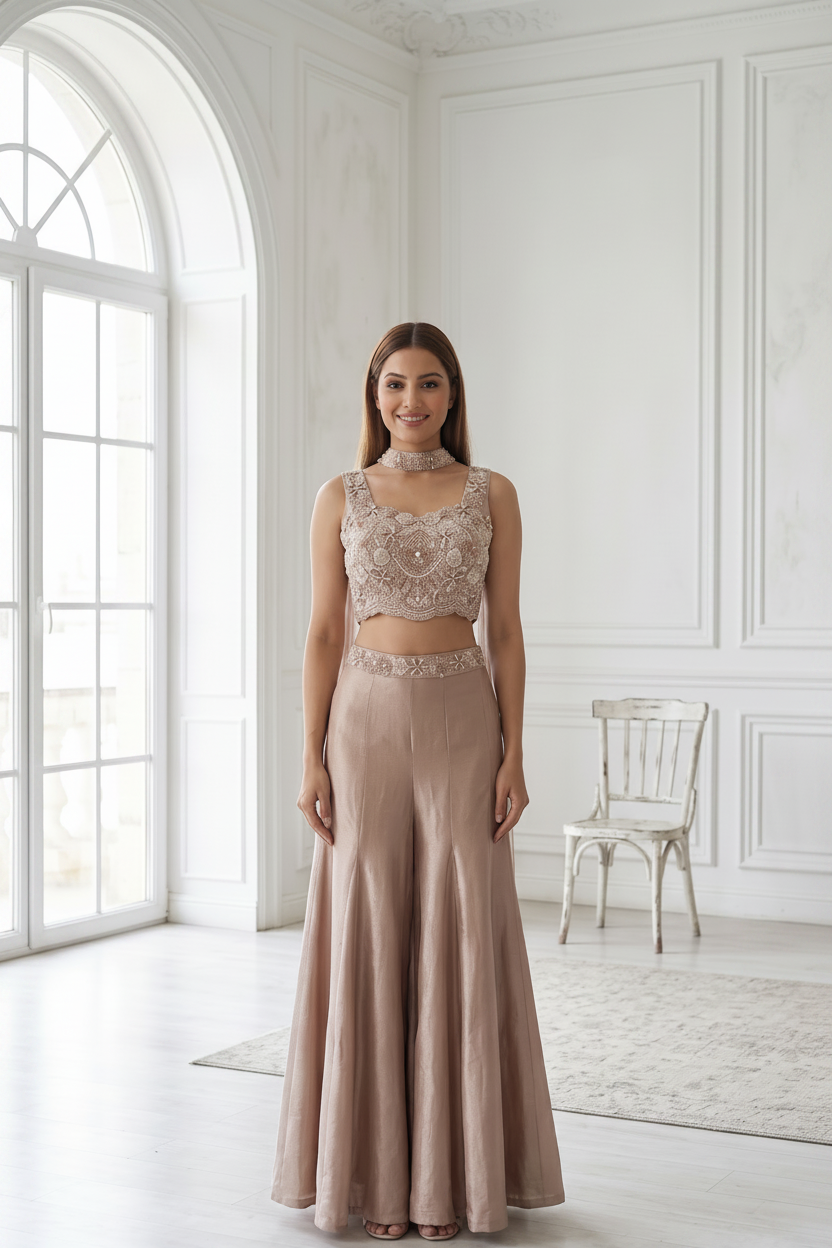 Royal Beige Embellished Satin Silk Palazzo Set