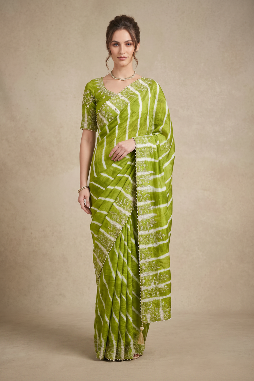 Green Embellished Crepe Silk Leheriya Saree