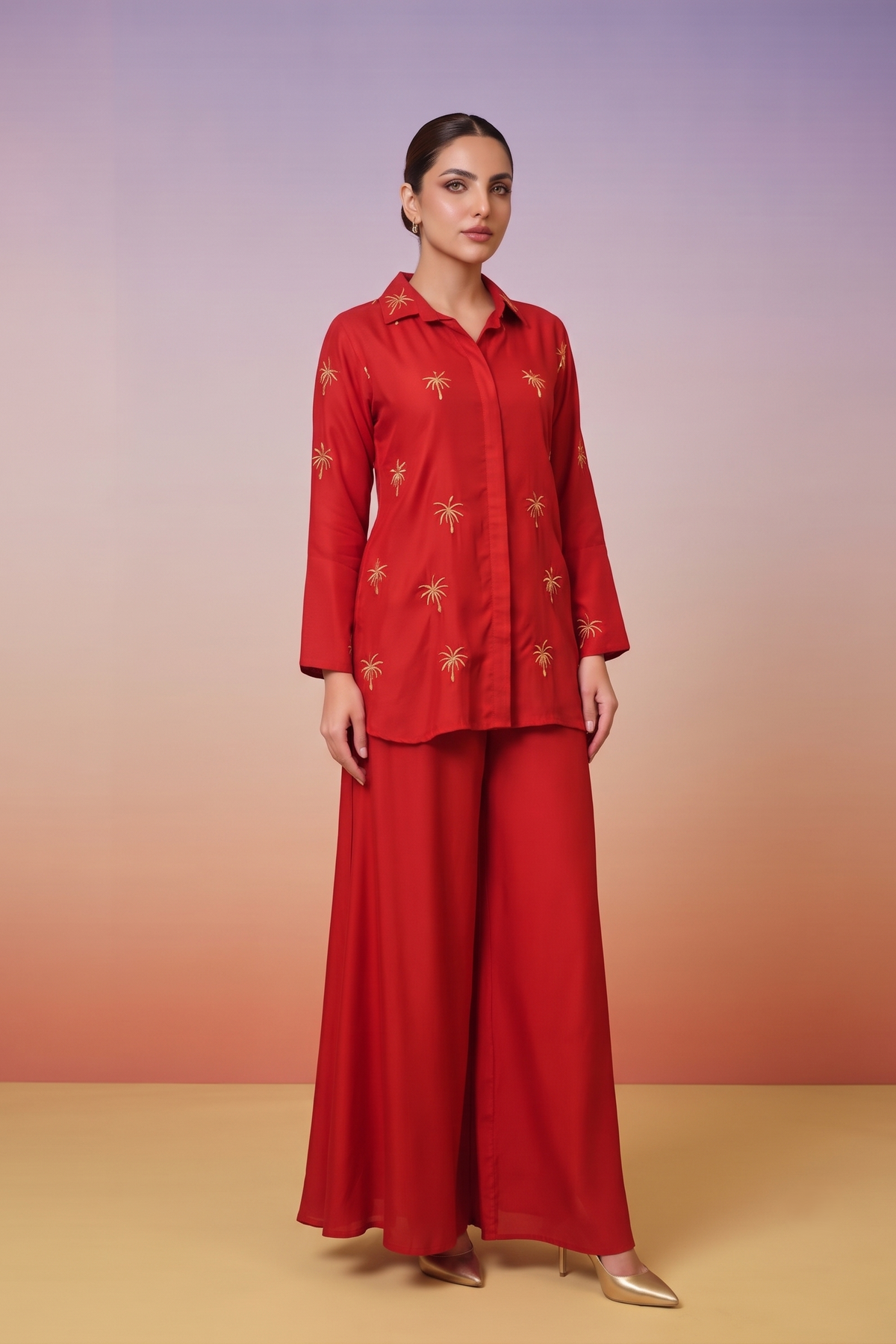 Rust Red Embellished Crepe Silk Co-Ord Set