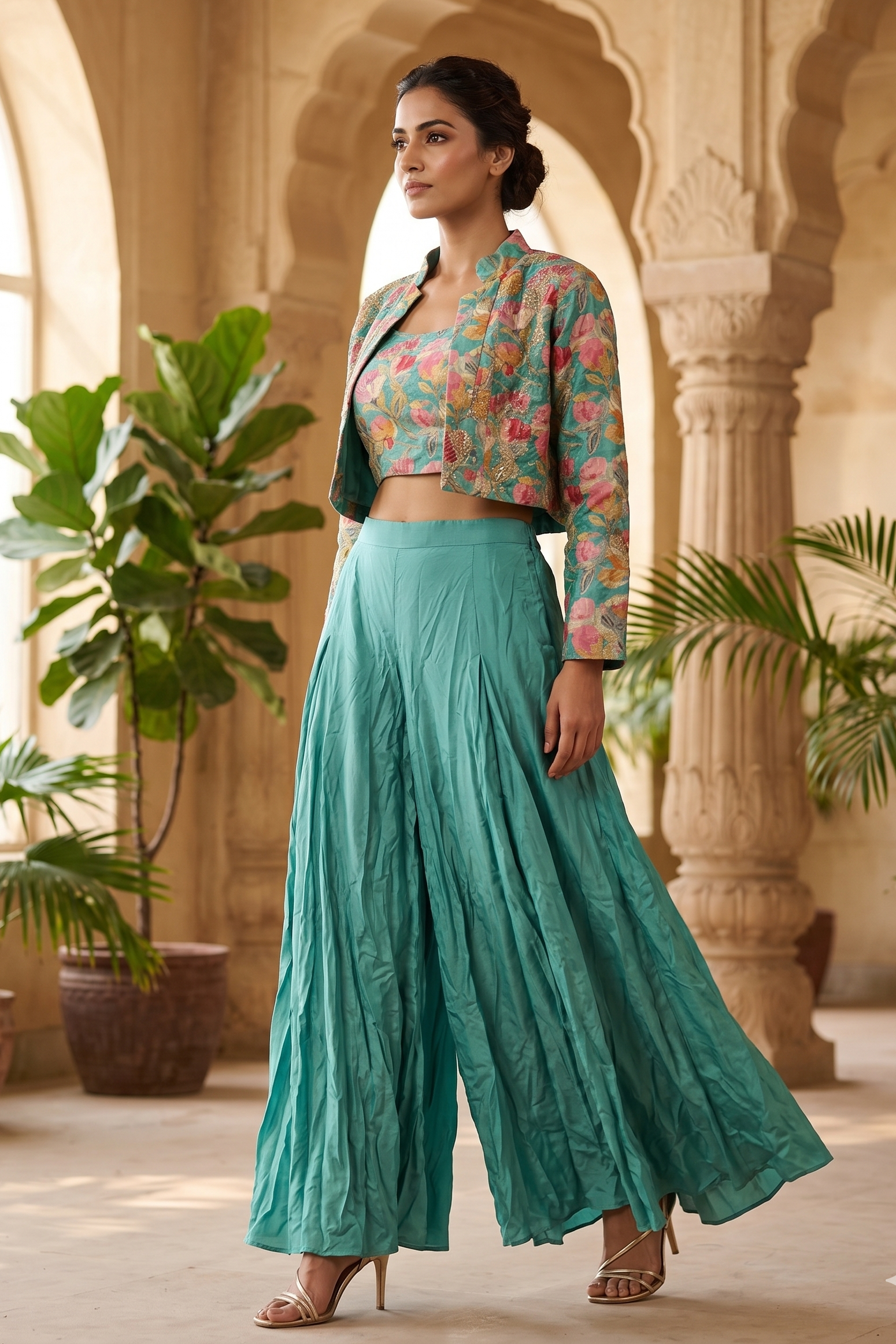 Bright Teal Floral Palazzo Set