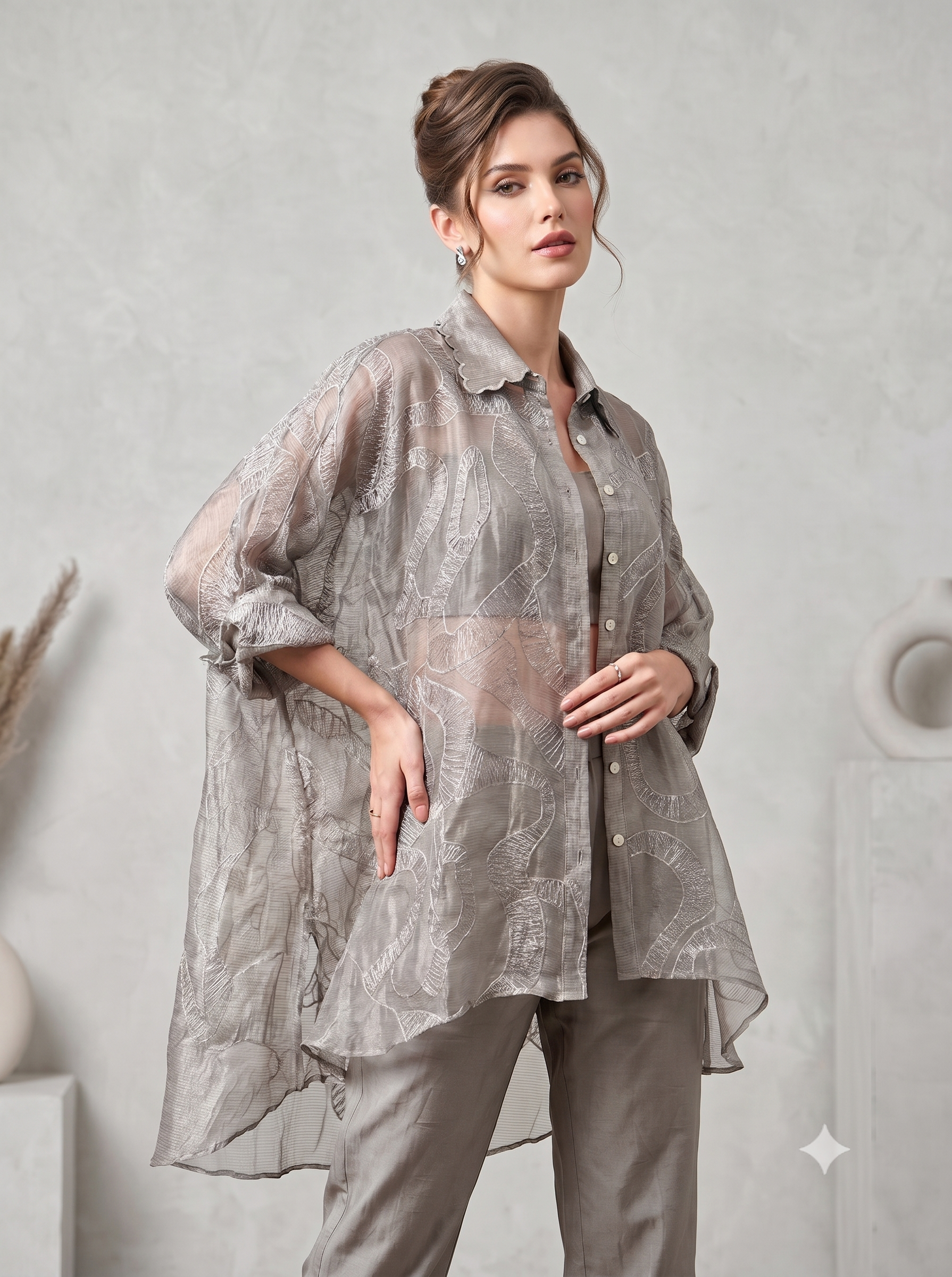 Grey Mist Embroidered Organza Silk Co-Ord Set