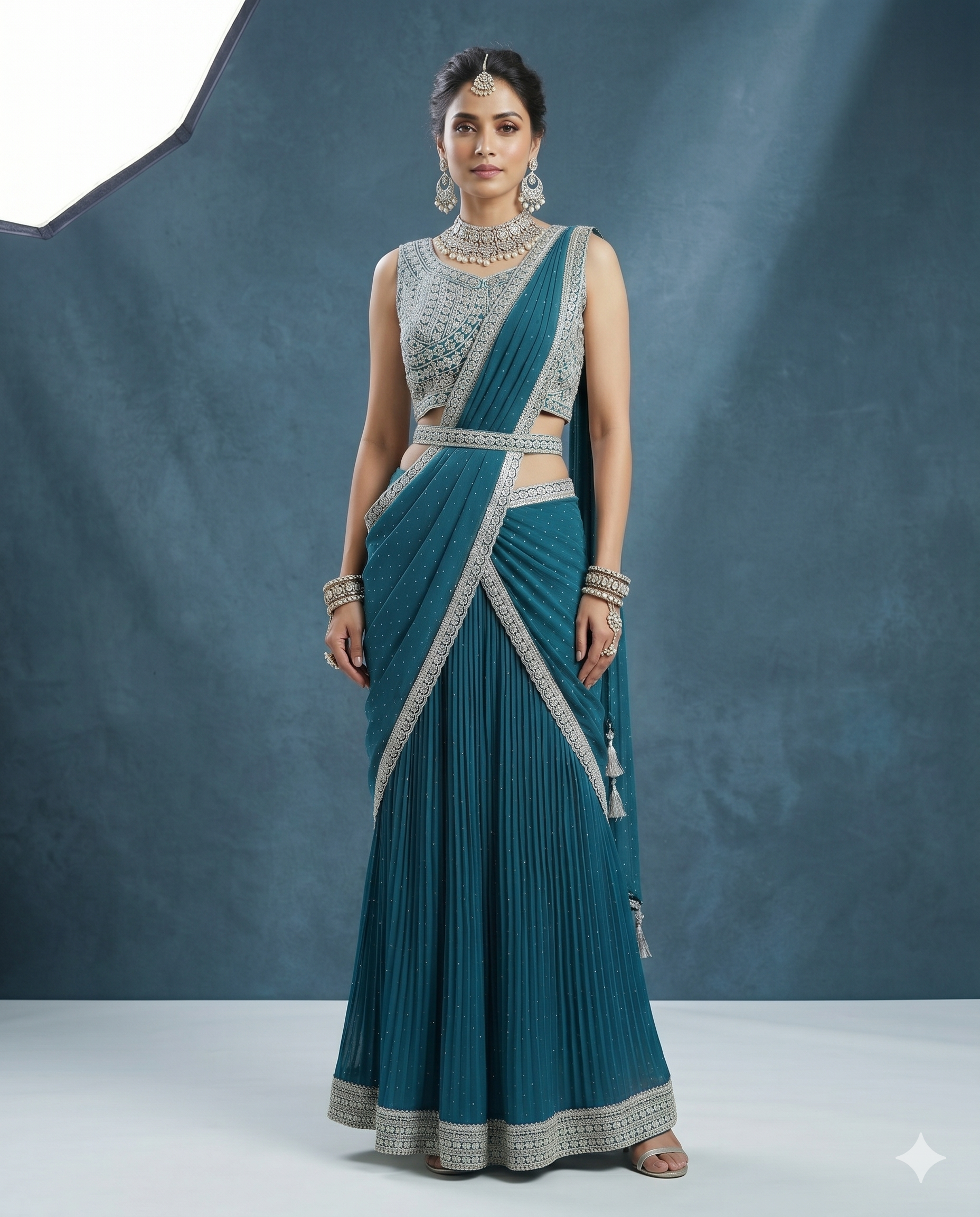 Oceanic Teal Embellished Saree-Style Skirt Set