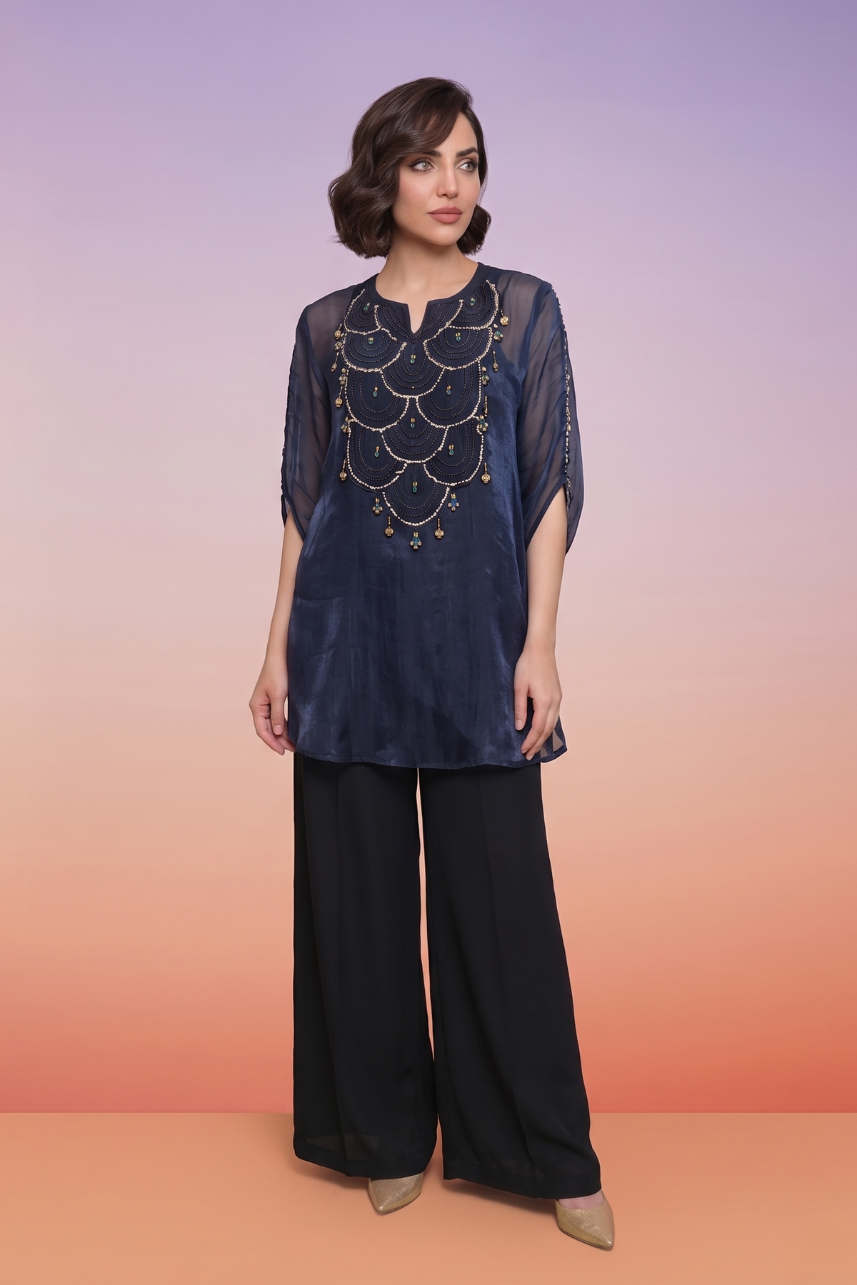 Midnight Blue Embellished Tissue Silk Palazzo Set